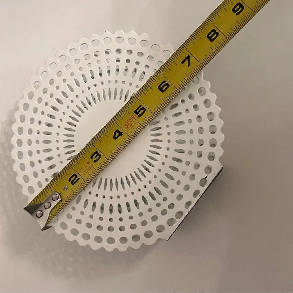 Crate & Barrel “Gram” Metal Enamel White Napkin Holder Doilies Cut Pattern Round